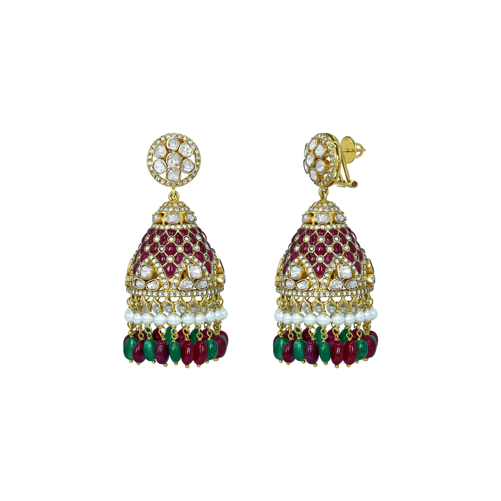 Polki Jhumka Earrings with Ruby Colourstone, Emerald, and Pearls